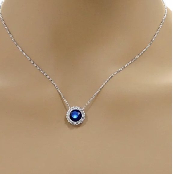 Sparkling round lab created sapphire necklace - Picture 2 of 5